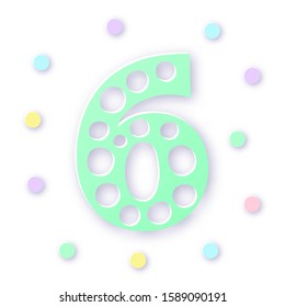 Number Six in paper cut style on white background. Typographic design. Bold green number
