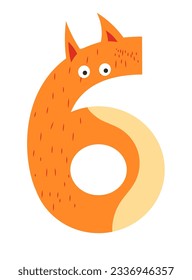Number six personage with muzzle and furs isolated cute characters with ears and facial expression, eyes, and fur. Fox or wildlife animals for kids to learn mathematics. Vector in flat style