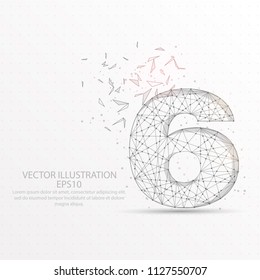 Number six point, abstract mash line and composition digitally drawn in the form of broken a part triangle shape and scattered dots low poly wire frame on white background.