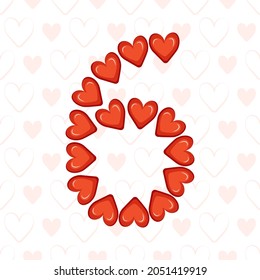 Number six from red hearts on seamless pattern with love symbol. Festive font or decoration for valentine day, wedding, holiday and design