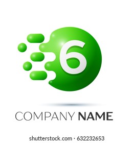 Number six splash logo. Green dots and bubbles number design on grey background. Vector Illustration