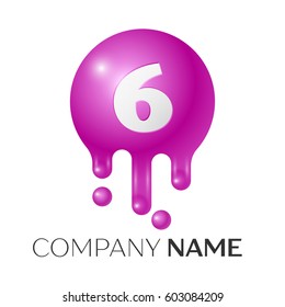 Number six splash logo. Purple dots and bubbles number design on grey background. Vector Illustration.