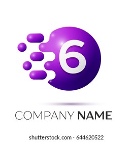 Number six splash logo. Purple dots and bubbles number design on grey background. Vector Illustration