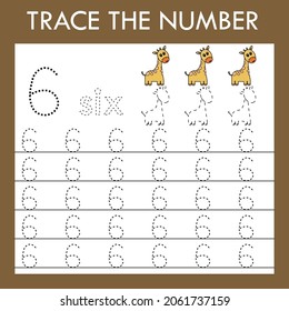 Number six  stroke worksheet with animals giraffes  for fine motor skills kids. Educational game for preschoolers.