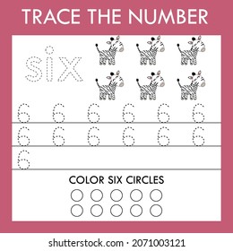 Number six  stroke worksheet with animals zebra  for fine motor skills kids. Educational game for preschoolers.