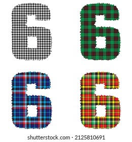 Number Six With Textile Texture. Number 6 With Plaid Pattern Isolated On A White Background
