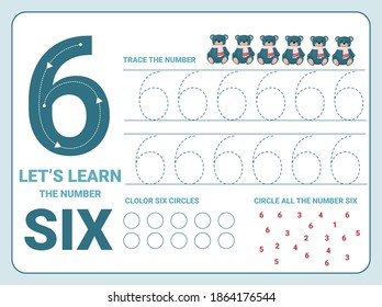 Number six tracing practice worksheet with 6 christmas teddy bear for kids learning to count and to write. Worksheet for learning numbers. Number 6. Training write and count numbers. Coloring exercise