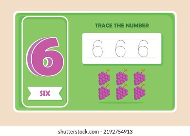 Number six tracing practice worksheet with 6 grape. Training write and count numbers concept. Vector illustration.