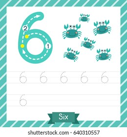 Number six tracing practice worksheet with 6 crabs for kids learning to count and to write. Vector Illustration.