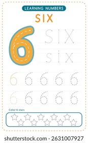Number six tracing. Preschool worksheets. Writing practice for kids. Vector design.