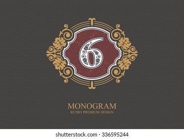 Number six Typographic design elements, Calligraphic graceful template, Elegant line art logo, Business sign for Royalty, Boutique, Restaurant, Cafe, Hotel, Heraldic, Jewelry, Wine