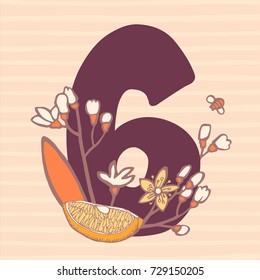 Number Six. Vector hand drawn floral monogram decorated with fruits and flowers. Perfect for posters, invitation, greeting card, webs graphics, blog, banner, logo