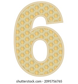 Number Six Vector Illustration. Number 6 With Random Size Hexagonal Honeycomb Pattern Isolated On A White Background
