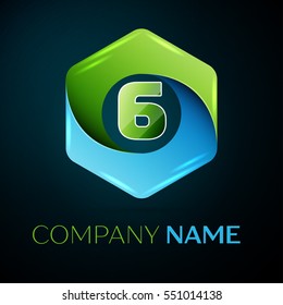 Number six vector logo symbol in the colorful hexagonal on black background. Vector template for your design