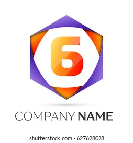 Number six vector logo symbol in the colorful hexagonal on grey background. Vector template for your design