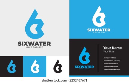 El número seis y el diseño de agua plana plantilla de logotipo moderno