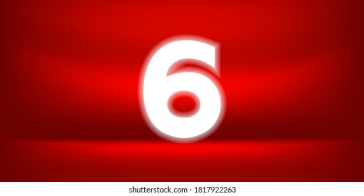 Number six white glow on red luxurious background, No. 6 on red background, Number 6 for Banner Anniversary