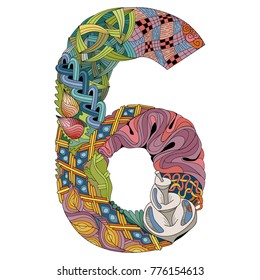 Number six Zentangle. Vector decorative object