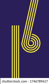 Number Sixteen 16 made out of concentric yellow lines isolated on purple background