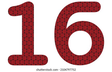 Number Sixteen With Abstract Spheres Pattern Vector Illustration. Red And Black Number 16 Isolated On A White Background
