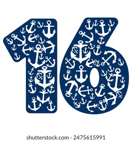 Number Sixteen With Anchor Pattern. Number 16 Isolated On A White Background
