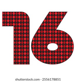 Number Sixteen With Argyle Pattern Vector Illustration. Number 16 Isolated On A White Background
