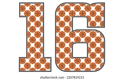 Number Sixteen With Basketball Ball Pattern Vector Illustration. Number 16 Isolated On A White Background
