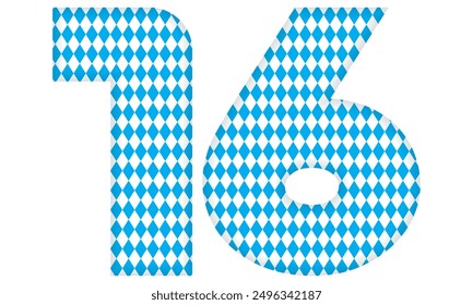 Number Sixteen With Bavarian Oktoberfest Seamless Pattern Vector Illustration. Number 16 Isolated On A White Background
