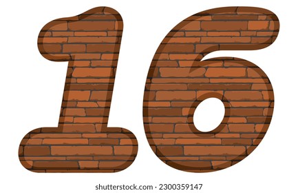 Number Sixteen In Brick Style Vector Illustration. Number 16 With Brick Texture Isolated On A White Background