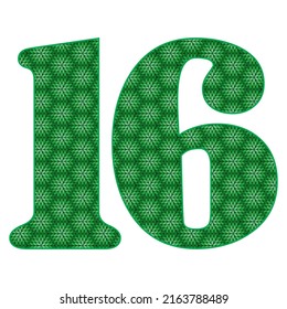 Number Sixteen With Leaves Pattern Vector Illustration. Green Number 16 With Ecological Texture Isolated On A White Background
