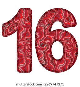 Number Sixteen With Liquid Marble Texture Vector Illustration. Number 16 Isolated On A White Background
