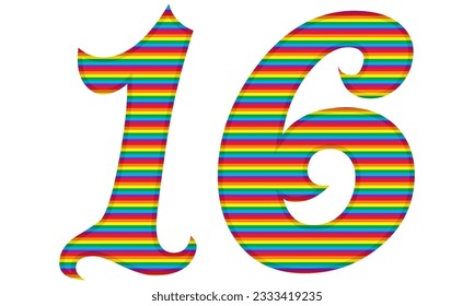 Number Sixteen With Rainbow Colors Pattern Vector Illustration. Number 16 In LGBT Flag Colors