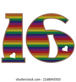 Number Sixteen With Rainbow LGBT Pattern. Number 16 Isolated On A White Background. Knitted Pattern In LGBT Flag Colors
