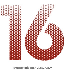 Number Sixteen With Red And White Dotted Pattern Vector Illustration. Number 16 Isolated On A White Background
