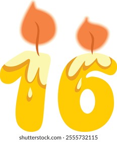 
Number Sixteen Shaped Candle Vector Cartoon Design Illustration. Numerical designed celebratory decor for birthday event 
