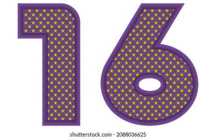 Number Sixteen With Star Shaped Pattern Vector Illustration. Number 16 With Star Texture Isolated On A White Background
