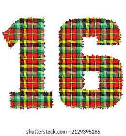 Number Sixteen With Textile Texture. Number 16 With Plaid Pattern Isolated On A White Background
