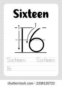 Number Sixteen. Tracing Worksheet for kids. Learn how to write numbers for Preschool Kids. Practicing motor skills for kids. Flat vector illustration for printing.