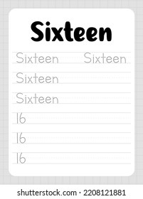 Number Sixteen. Tracing Worksheet for kids. Learn how to write numbers for Preschool Kids. Practicing motor skills for kids. Printable vector illustration.