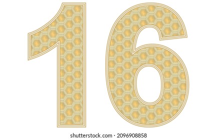 Number Sixteen Vector Illustration. Number 16 With Random Size Hexagonal Honeycomb Pattern Isolated On A White Background
