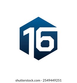 Number sixteen vector logo symbol in the dark blue hexagonal on white background. Vector template for your design