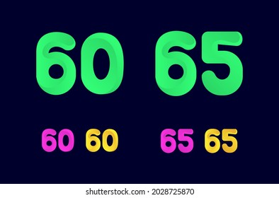 Number sixty (60) and sixty five (65) fun logo designs. Cute numbers collection. Colorful, funny, and creative template