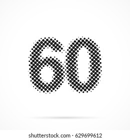 Number Sixty, 60 in halftone. Dotted illustration isolated on a white background.
Vector illustration.