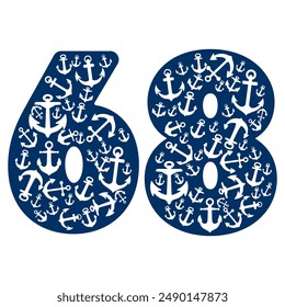 Number Sixty Eight With Anchor Pattern. Number 68 Isolated On A White Background
