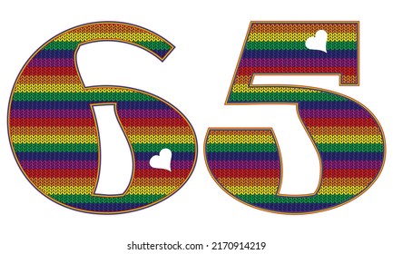 Number Sixty Five With Rainbow LGBT Pattern. Number 65 Isolated On A White Background. Knitted Pattern In LGBT Flag Colors
