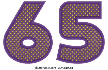 Número Sesenta Y Cinco Con Ilustración De Vector De Patrón Con Forma De Estrella. Número 65 Con Textura Estelar Aislada En Fondo Blanco
