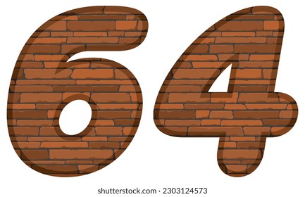 Número Sesenta Y Cuatro En Ilustración De Vectores De Estilo Ladrillo. Número 64 Con Textura De Ladrillo Aislada En Fondo Blanco