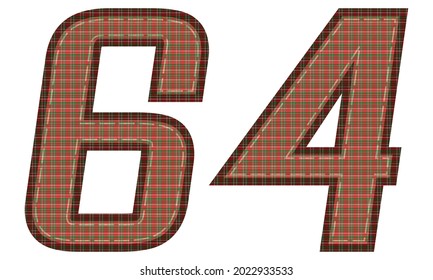 Number Sixty Four With Plaid Pattern Vector Illustration. Colorful Textile Number 64 Isolated On A White Background
