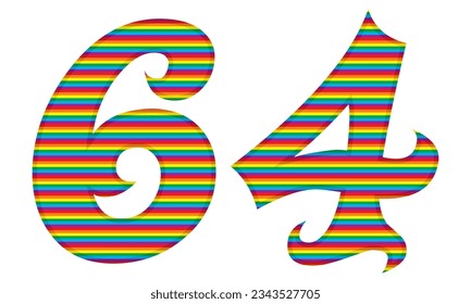 Number Sixty Four With Rainbow Colors Pattern Vector Illustration. Number 64 In LGBT Flag Colors