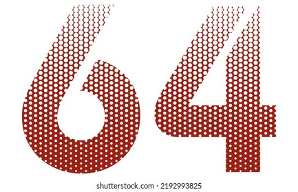 Number Sixty Four With Red And White Dotted Pattern Vector Illustration. Number 64 Isolated On A White Background
